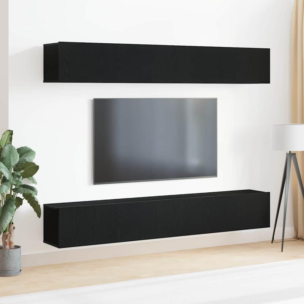Meuble TV gain de place aspect chêne et noir suspendu x4