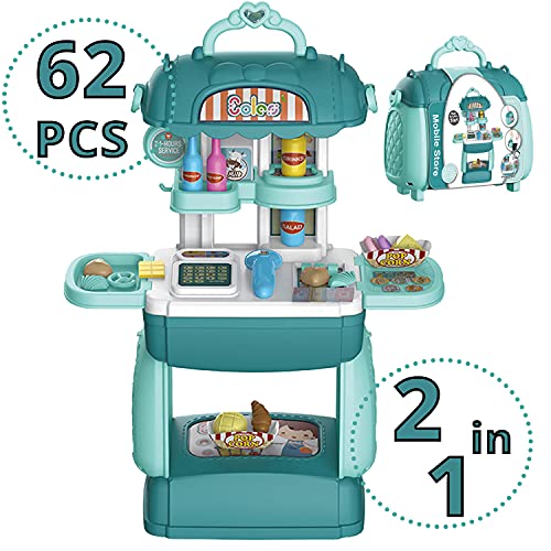 Shape28 Store Bag Pretend Play Store Toddler Toys 62 Pcs Shopping Cart For Kids With Play Kitchen Prop Money Pantry Storage Cash Register And Pretend Food #TOP1
