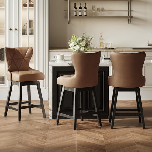 Butacos giratorios de cuero sintético MALOL, juego de 3 unidades, altura de barra (39,76 pulgadas), estilo moderno para isla de cocina, diseño mid-century, color marrón claro miniatura 6