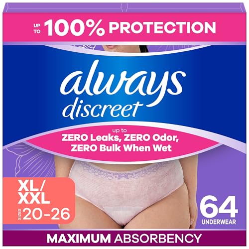 Image of Always Discreet Adult Diapers for Women, Incontinence Underwear, Postpartum Essentials, Disposable Briefs, Max Absorbency, Bladder Leak Protection, Extra Large/XL, 64ct
