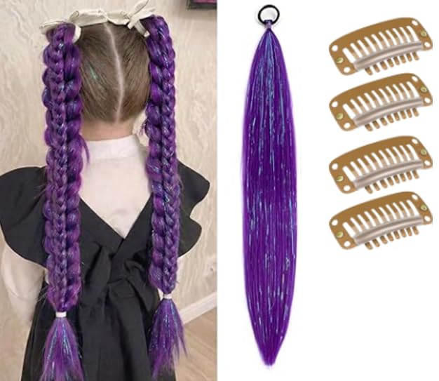 5 Pcs Purple Hair Extensions, Deep Purple Fake Hair with Light Brown Teardrop Wefts, Set for Styling and Length Enhancement-image-32