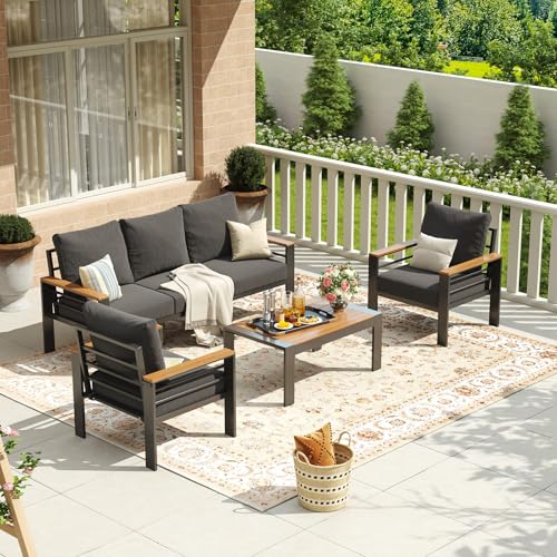 Image of Aoxun Aluminum Patio Furniture Set 5 Seats, Oversized Outdoor Sectional with Washable Thick Cushions, Coffee Table, Patio Conversation Sets for Porch, Balcony, Deck