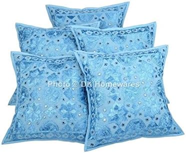 Bohemian Decorative Couch Throw Pillowcases 16x16 Inch Cotton Mirrored Embroidered Indian Square Toss Cushion Covers (Size - 40x40 cm ; Color: Light Blue) - Set of 5 Pcs (Cover Only)