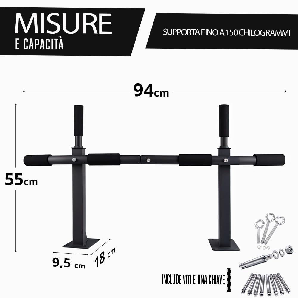 ManiBoom Sbarra Trazioni a Muro Fissa (150kg) - Barra Trazioni da Parete con 3 Anelli TRX per Calisthenics e Palestra in Casa