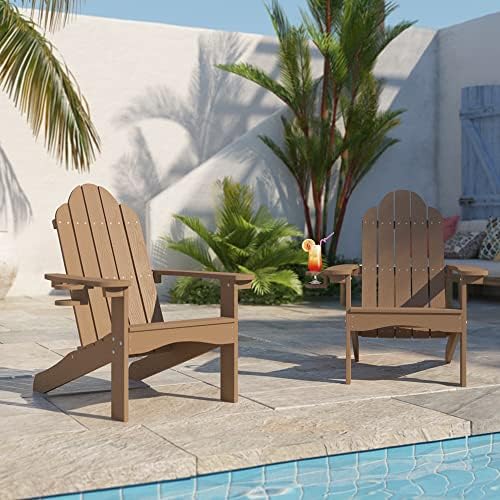 LUE BONA Adirondack Chairs Set of 2, Brown Poly Adirondack Chairs with Cup Holder, 300LBS Modern Adirondack Chair Weather Resistant, Outdoor Patio Chair for Fire Pit, Patio, Law, Balcony, Backyard