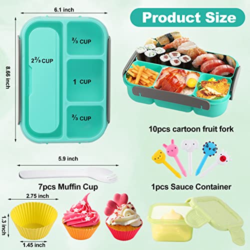Bento Lunch Box For Kids,Bento Box Adult Lunch Box Containers,1300Ml-4 Compartment Lunch Containers For Kids/Adults,With 7 Cake Cups 10 Food Picks,Bpa-Free,Microwave Dishwasher Freezer Safe (Green) #TOP1