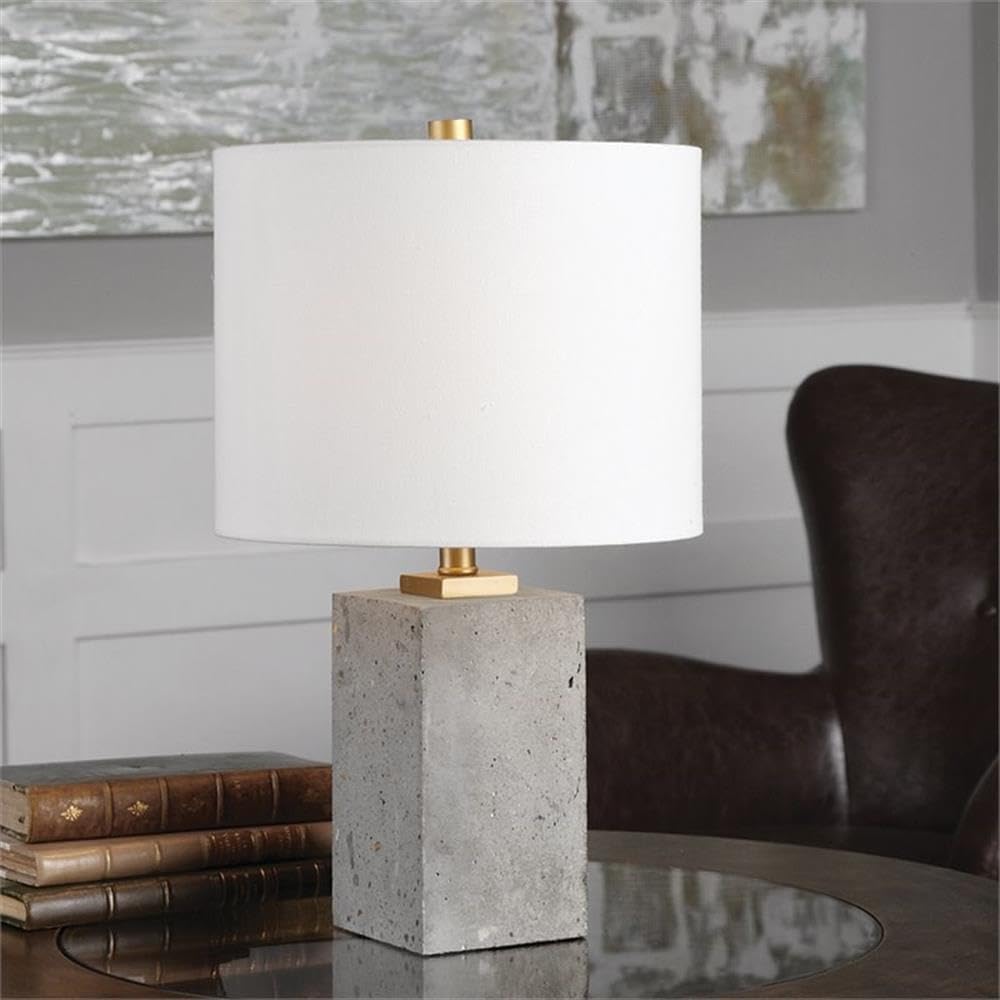 BOWERY HILL Contemporary Table Lamp, 17 in Height, Concrete and Steel Base, Gray and White Finish, 10 in Round Hardback Drum Shade, 60W Type A Bulb, Modern Design for Living Room or Bedroom