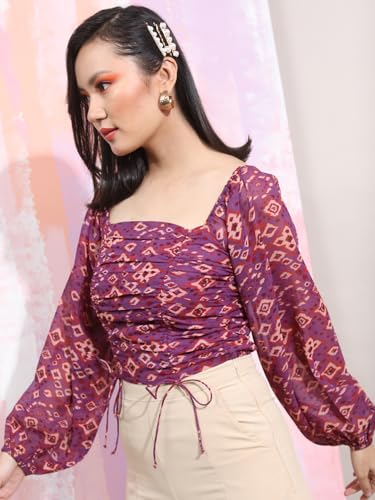 Image of Tokyo Talkies Women's Long Sleeves Square Neck Printed Tops| Stylish Casual wear