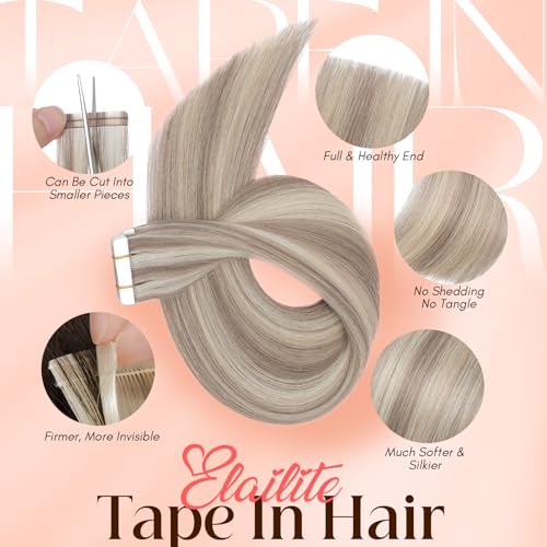 Image of Elailite Tape in Hair Extensions Human Hair Thick Real Remy Hairpieces Ash Blonde & Bleach Blonde 12 Inch 40g 20pcs Straight Invisible Seamless Skin Weft Best Tape for Women