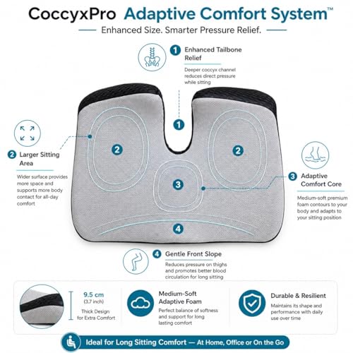 Image of Grin Health Coccyx Pro Large Thick Seat Cushion - Comfort Seating Memory Foam for Tailbone & Back Pain Relief, Orthopedic Chair Cushion for Office, Car, Home & Wheelchair Sitting (Grey)