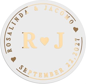 Personalized Monogram Wedding Stickers - Custom Round Initial Stickers with Heart for Favors, Gifts & Envelope Seals - Black, Gold, Rose Gold or Silver Foil on Clear or White PVC Vinyl