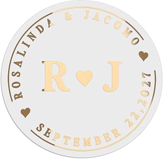 Personalized Monogram Wedding Stickers - Custom Round Initial Stickers with Heart for Favors, Gifts & Envelope Seals - Black, Gold, Rose Gold or Silver Foil on Clear or White PVC Vinyl