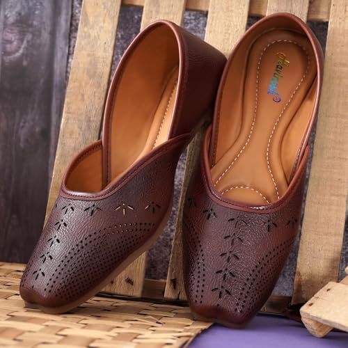 Image of Duosoft Women's Leather Ballet Flats, Black Perforated Design, Comfort Cushioned Insole, Slip-On Style Bellies Dw-201-Tan
