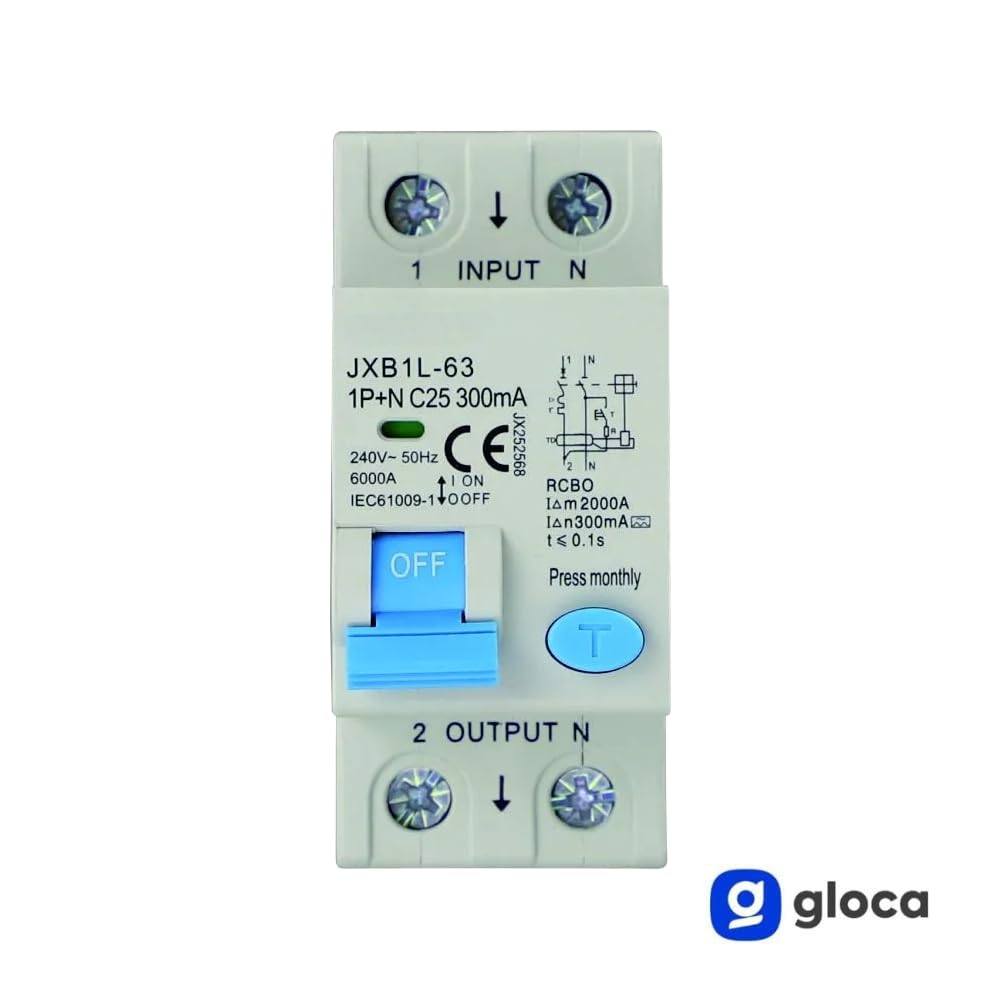 gloca Interruptor magnetotérmico diferencial 1P + N 300 mA 220 V 6 KA 2 módulos DIN Clase A (25 amperios)