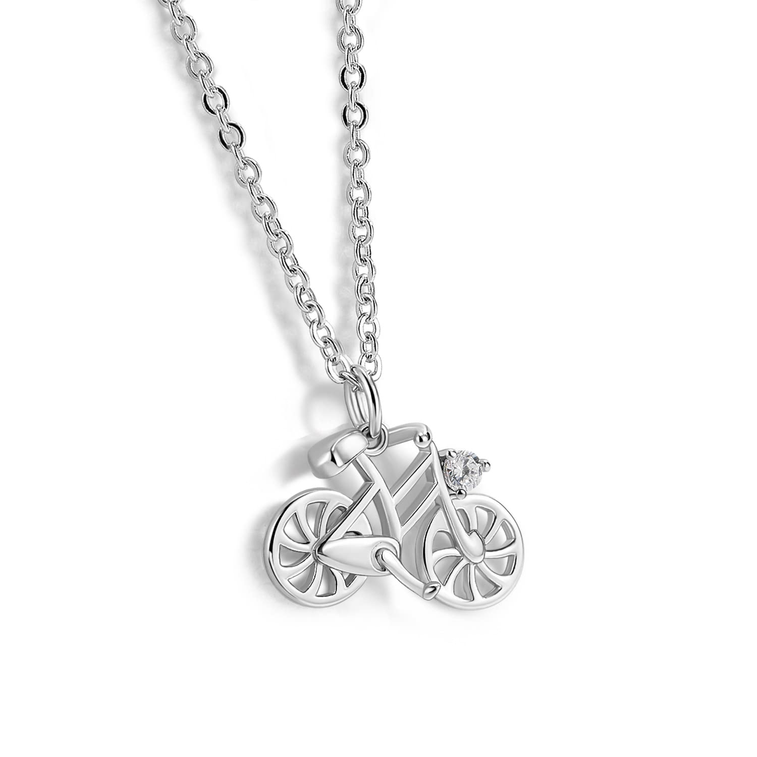 H&Beautimer 925 Sterling Silver Italian Rolo Chain 18'' - Creative CZ Zircon Inlaid Bicycle Pendant Necklace for Women - Birthday Gifts -Jewelry