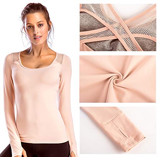 Move With You Women's Workout Yoga Long Sleeve Top Slim Mesh Open Back Cross Sports Shirt with Thumb Holes, L, Pink2