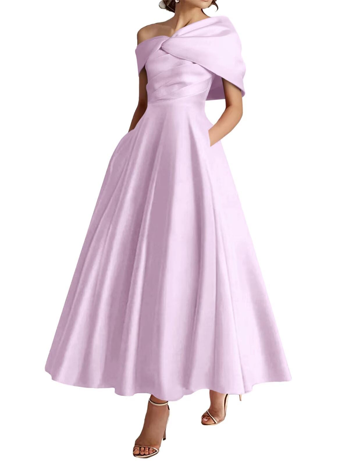 Kiyne Women's Lilac Tea Length Mother Of The Bride Dresses For Wedding Satin Wedding Guest Dress Floor Length Formal Party Gown Uk24