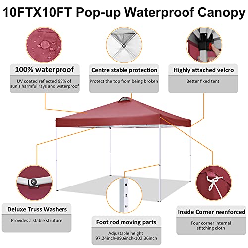 Image of COBIZI 10x10ft Pop Up Canopy Tent, Folding Garden Gazebo with 4 Sidewalls, Heavy Duty Powder-Coated Steel Frame, Waterproof Marquee for Garden, Camping, Beach and Outdoor Events, Red