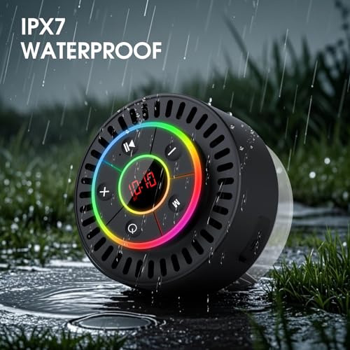 Image of Bluetooth Speaker, Shower Speaker IPX7 Waterproof, Speakers Bluetooth Wireless with Rich Bass, Portable Speaker with LED Light, Suction Cup,8H Playtime, for Bathroom Party Beach, Ideal Gifts, Black