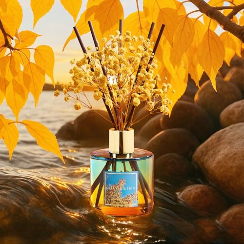 Image of COCORRINA Reed Diffuser - Golden Leaves Reed Diffuser Set with 8 Sticks & Preserved Baby's Breath, Reed Diffuser for Home Bathroom Shelf Decor