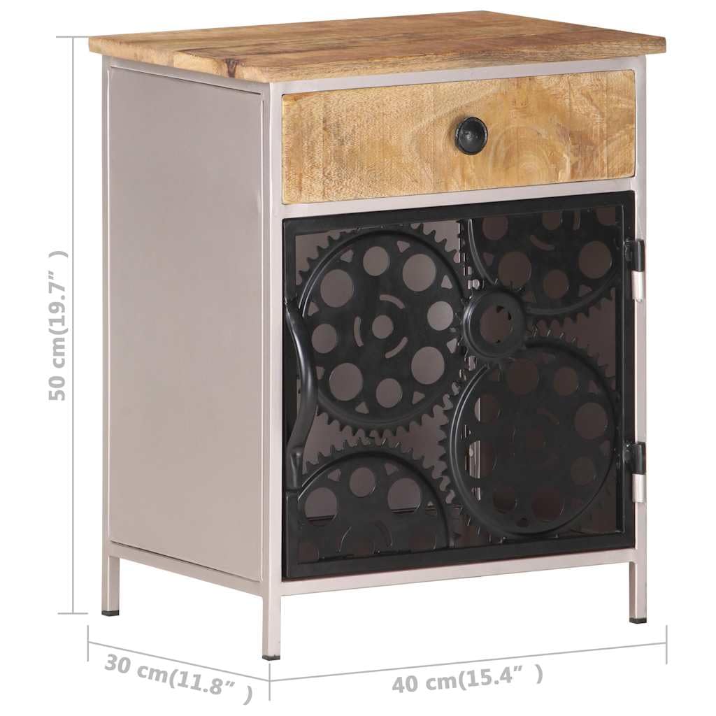 Stolik nocny z szorstkiego drewna mango 40 x 30 x 50 cm z szufladą i drzwiami, szafka nocna, stolik nocny, stolik pomocniczy, miejsce do przechowywania, wyjątkowy design koła łańcuchowego