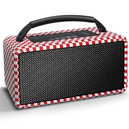 Image of DINDIN Portable Bluetooth Speaker: 80W (Peak), 20H Playtime, Loud Wireless Wood Speakers with Bass, AUX and USB Input, Subwoofer, TWS Pairing, Vintage Speaker for Outdoor, Home, Office (Red+White)