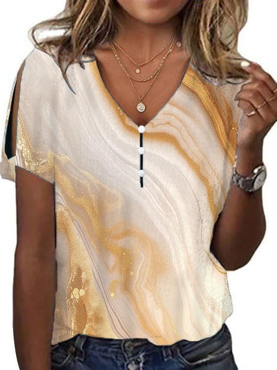Womens 2024 Summer Marble Printed Tops Casual Short Sleeve Loose Fit Shirts V Neck ...
