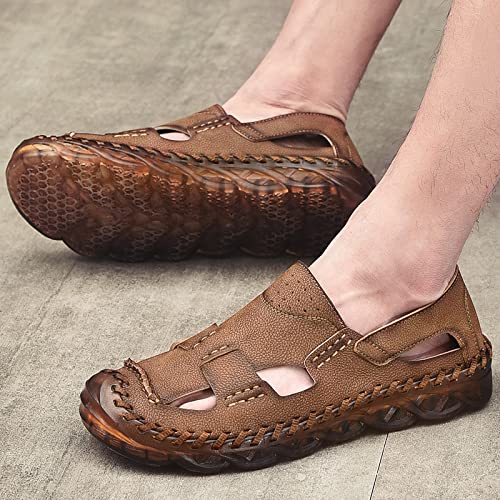 Dzujy Mens Closed Toe Leather Sandals For Men Breathable Summer Shoes Fisherman Men's Slippers Flip Flops Brown Big Size 11.5 Outdoor Casual Shoe Man Beach Sport Hiking Work Male #TOP5