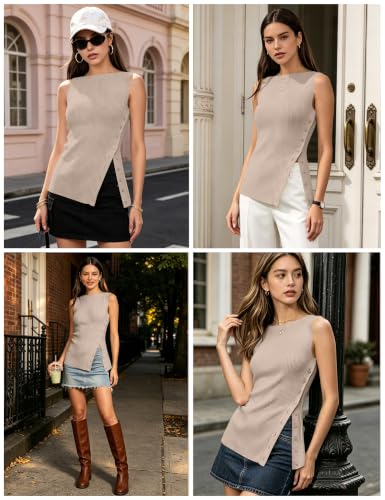 Image of OLAPTA Women Asymmetrical Button Down Side Split Sleeveless Tank Tops Boat Neck Slim Fit Summer Casual Side Button Knit Vest
