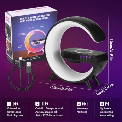 Led Wireless Charger Lamp, G Shaped Lamp Phone Charger Bluetooth Speaker with 10 Lighting Modes and 5w Wireless Fast Charging, Dimmable Bedside Lamps And Alarm Clock, Gifts for Boys Girls(Black) - Image 7