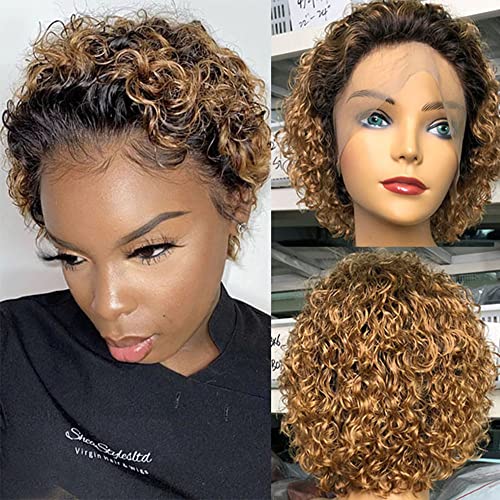 Ombre Blonde Short Pixie Bob Wig Lace Front Human Hair 13x1 Honey Blonde Curly Pixie Bob Wig #1B27 for Women Brazilian Remy Hair Glueless Ombre Pixie Bob Wigs 2Tones with Baby Hair 8inch 150% Density