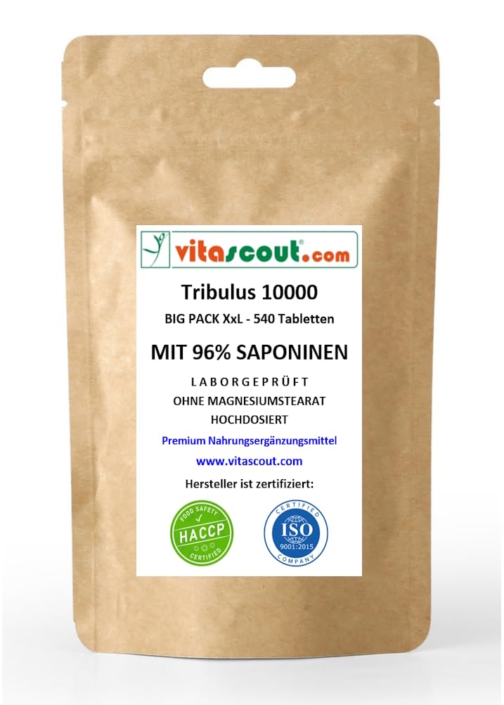 Tribulus Terrestris 10000 – 540 Vegetarische Tabletten Extrakt 30:1 – Hochdosiert 96% Saponine – Ohne Mykotoxine – Tagesdosis entspricht über 10000mg Pulver LABORGEPRÜFT