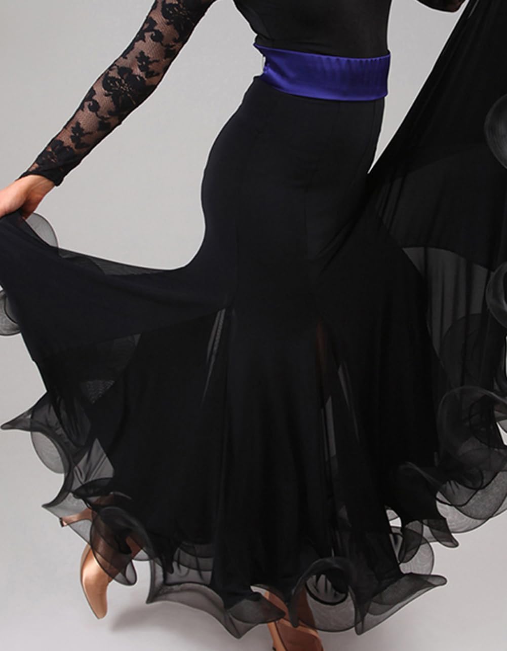 Eleganter Ballsaal-Tanzrock für Damen, Fischgräten-Curling-Party-Langer Swing-Rennrock, moderner Flamenco-Walzer-Standard-Lateintanz-Langrock,Schwarz,M