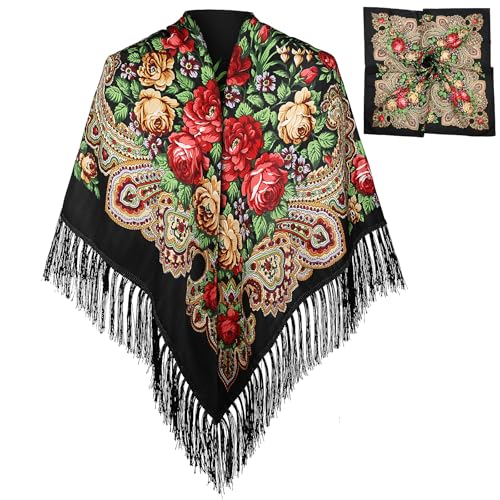 BAIFUMEN Trachtentuch Damen 135x135cm – Retro Ethno Schal mit Fransen, als Poncho tragbar, inkl. Seideneinstecktuch