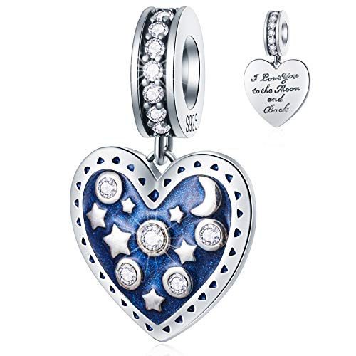 GEMDAZZ Heart Shape I Love You to The Moon and Back Charm fit Pandora Valentines Bracelet Necklace, 925 Sterling Silver Blue Enamel Starry Sky Pendant Beads, Gift for Christmas/Mom/Lover