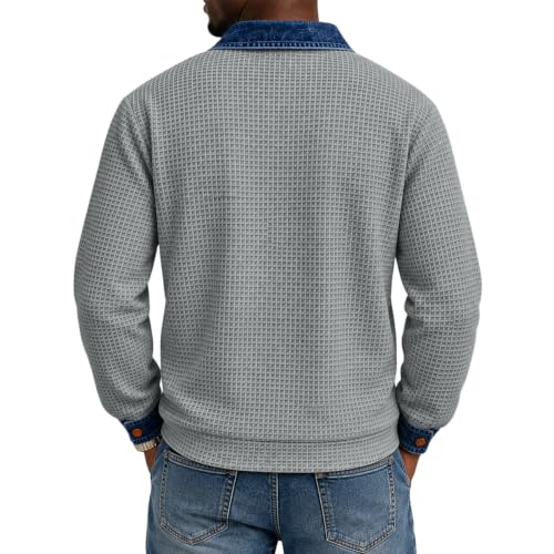 Waffle Knit Long Sleeve Men Denim Collar Patchwork Button Polo Shirts - image 5