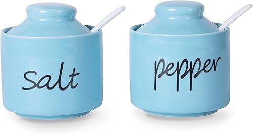 ONTUBE Farmhouse - Tazones de pimienta y sal de 8 onzas con tapa y cuchara, ollas de cerámica para condimentos, recipiente de especias para cocina,