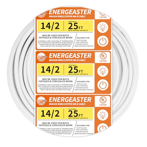 Energeaster Solid Indoor 14/2 W/G NMB Cable 25ft Coil，Electrical Wire 14 Gauge Wire 2 Conductors Non-Metallic with Ground Wire(White)