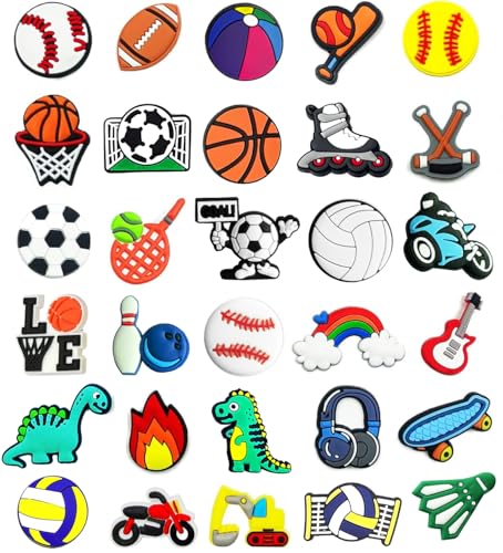 Fannoday Sports Charms - Football Basketball Themed DIY Shoe Accessories Adult Boy Party Gift Favors for Shoe Decoration (Random Boys Charms 30PCS)