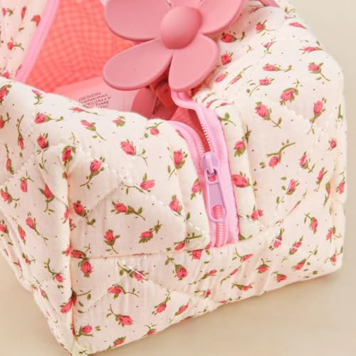 Image of Floral Makeup Bag, Floral Quilted Makeup Bag, Cosmetic Bag, Fashionable Travel Makeup Pouch, Small Cute Makeup Bag, Puffy Coquette Makeup Bag, Quilted Makeup Bag, Flowers (Width:11.9 Cm)
