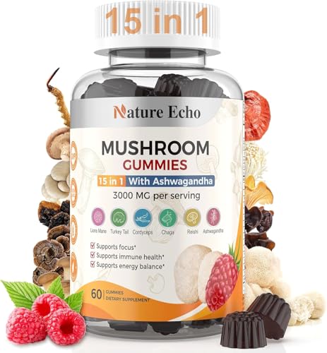 15 in 1 Mushroom Complex Gummies & Ashwagandha Gummies 3000 mg - Lions Mane, Reishi, Turkey Tail &...