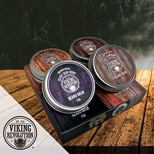 Viking Revolution 4 Beard Balm Variety Pack (1Oz Each)- Sandalwood, Pine & Cedar, Bay Rum, Clary Sage- Styles, Strengthens & Softens Beards & Mustaches - Leave In Conditioner Wax For Men #TOP1