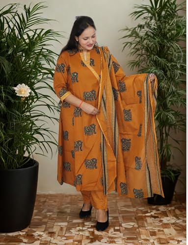 Image of Vedickulture Traditional Elephant Print Angrakha Kurta Set with Pants, Mustard Orange, Cotton, 3 /4 Sleeve
