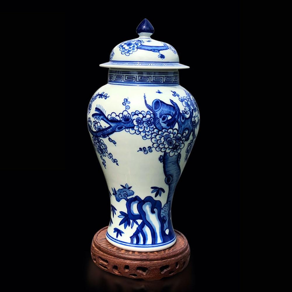asdchZen 10.6" Blue White Porcelain Vase With Lid Decorative Painted Glazed Ceramic Chinoiserie Ginger Jar Oriental Decor Centerpiece For Bonsai Plants Flower Aloe Indoor Home Decor