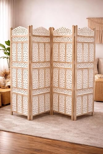Image of Home & Goods International Wooden Room Divider Partition - Foldable Wood Screen Separator for Living Room, Bedroom, Office, Restaurant - Kangra Badrun, Natural & White (4 Panel with Stand)