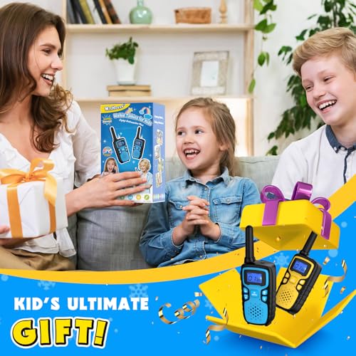 Image of Wishouse Walkie Talkies for Kids Rechargeable Long Range,Xmas Birthday Gift for 4 5 6 7 8 9 Year Old Boys Girls,Hiking Gear Camping Games Cool Toys with NOAA,SOS Siren,Lamp,Lanyards,2 Pack Blue Yellow