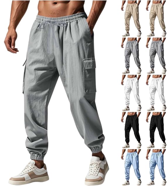 Cargo Sweatpants for Men Baggy Drawstring Elastic Waist Outdoor Workout Joggers Fall Casual Pants with Multi Pockets