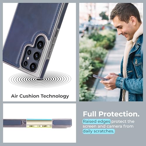 Image of PULOKA Chrome Leather Back Case - Compatible with Samsung Galaxy S25 Ultra - Luxury Bumper Case - Flexible Vegan Leather - Electroplated Sides - Full Camera Protetection & Raised Edges - Blue