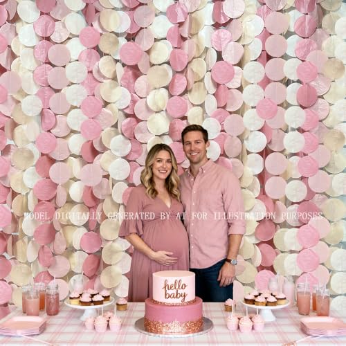 Image of 205 Ft Dusty Rose Pink Party Decorations Dusty Pink Khaki Beige Circle Dot Backdrop Garland Tissue Paper Polka Dots Hanging Streamer for Birthday Wedding Bridal Shower Engagement Party Supplies