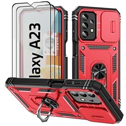 for Galaxy A23-4G/5G Case, for Galaxy A23 Case with 3 Pcs Tempered Glass Screen Protector Built in Ring Stand Kickstand + Camera Cover, Hard PC Soft TPU Defender Full Body Protective Armor Cover- Red